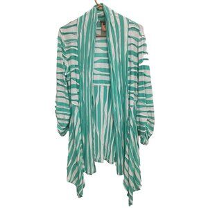Multiples Womens Wearable Art Cardigan Medium Green White Striped Textured